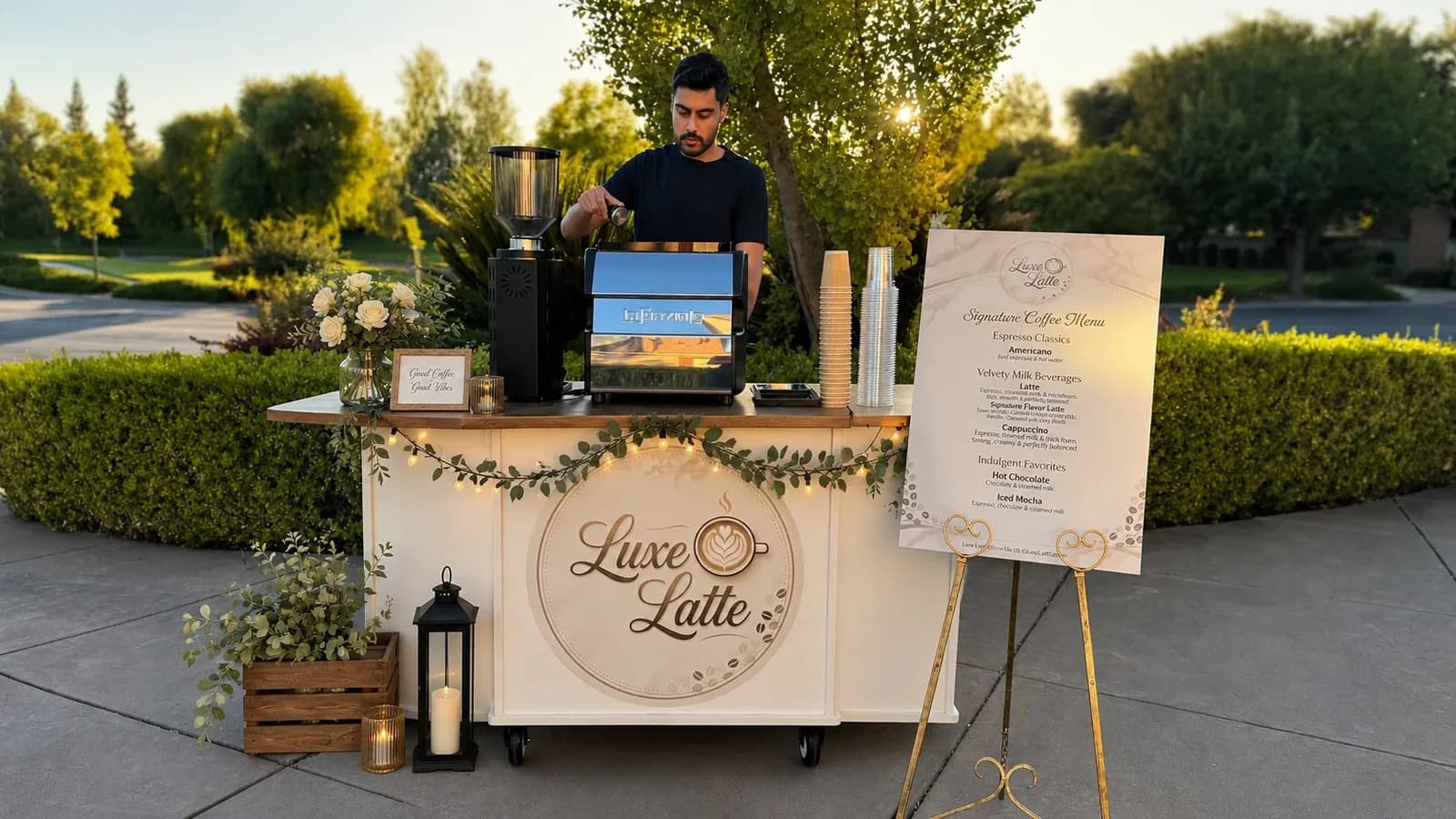 Luxe Latte mobile coffee cart with a professional barista and espresso machine set up at a Sacramento event